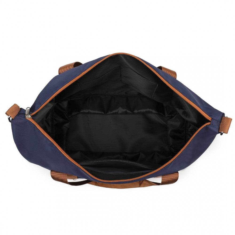 S2366 - 36L EXPANDABLE WATER-RESISTANT TRAVEL TOTE SET WITH COSMETIC POUCH VERSATILE CARRY-ON DUFFEL BAG - NAVY AND BROWN - The Baggage Shop