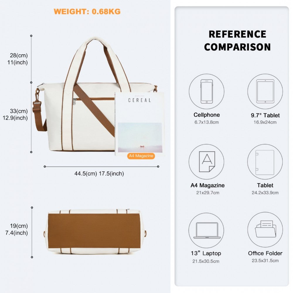 TVK2420 - KONO LIGHTWEIGHT WATERPROOF WEEKENDER TOTE BAG FOLDABLE CABIN FLIGHT DUFFEL IDEAL FOR UNDERSEAT CARRY-ON TRAVEL - BEIGE AND BROWN - The Baggage Shop