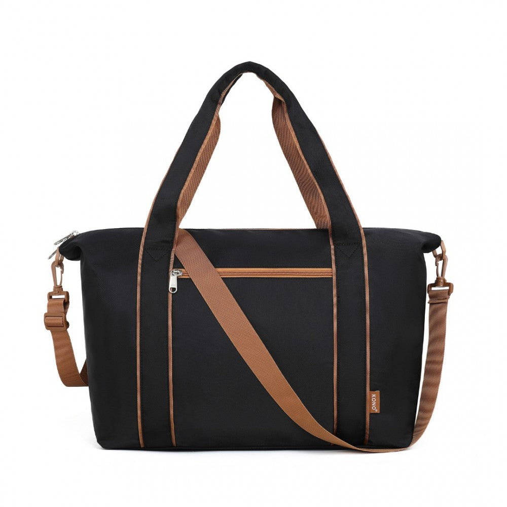 TVK2420 - KONO LIGHTWEIGHT WATERPROOF WEEKENDER TOTE BAG FOLDABLE CABIN FLIGHT DUFFEL IDEAL FOR UNDERSEAT CARRY-ON TRAVEL - BLACK AND BROWN - The Baggage Shop