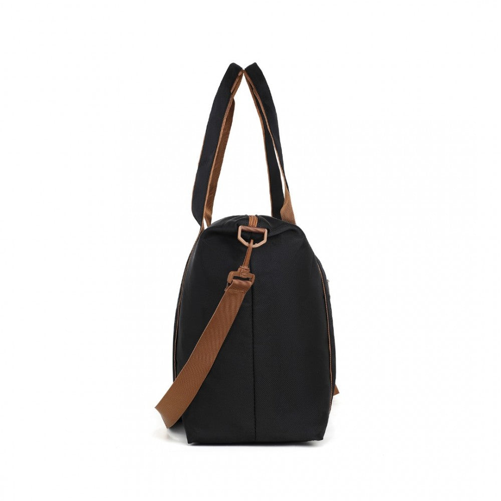 TVK2420 - KONO LIGHTWEIGHT WATERPROOF WEEKENDER TOTE BAG FOLDABLE CABIN FLIGHT DUFFEL IDEAL FOR UNDERSEAT CARRY-ON TRAVEL - BLACK AND BROWN - The Baggage Shop