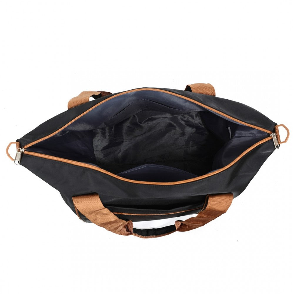 TVK2420 - KONO LIGHTWEIGHT WATERPROOF WEEKENDER TOTE BAG FOLDABLE CABIN FLIGHT DUFFEL IDEAL FOR UNDERSEAT CARRY-ON TRAVEL - BLACK AND BROWN - The Baggage Shop