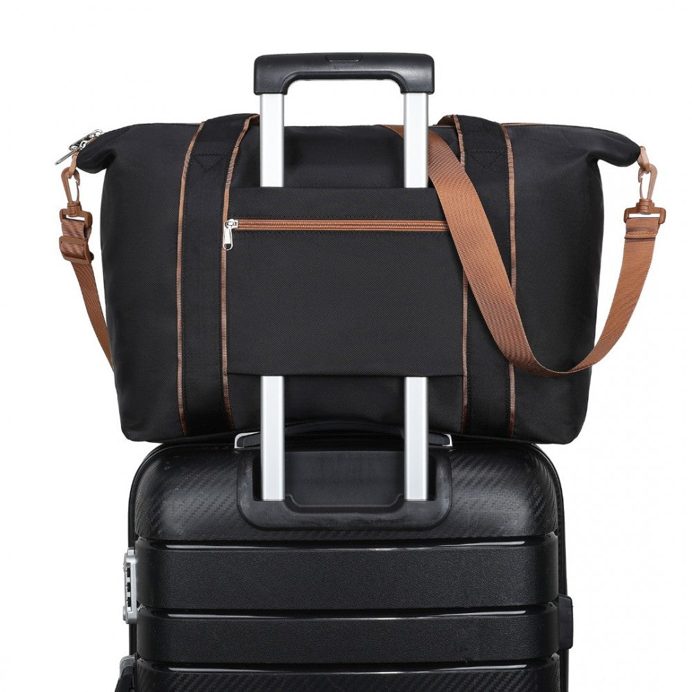 TVK2420 - KONO LIGHTWEIGHT WATERPROOF WEEKENDER TOTE BAG FOLDABLE CABIN FLIGHT DUFFEL IDEAL FOR UNDERSEAT CARRY-ON TRAVEL - BLACK AND BROWN - The Baggage Shop