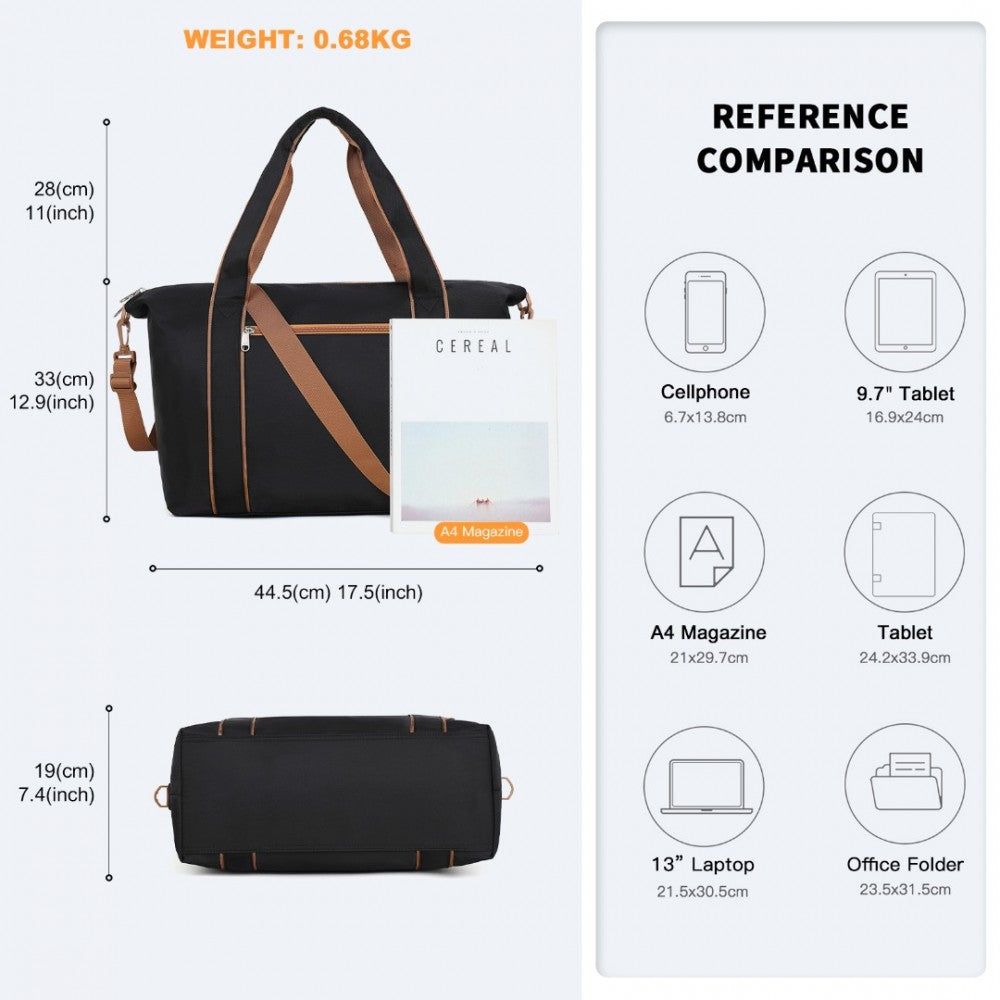 TVK2420 - KONO LIGHTWEIGHT WATERPROOF WEEKENDER TOTE BAG FOLDABLE CABIN FLIGHT DUFFEL IDEAL FOR UNDERSEAT CARRY-ON TRAVEL - BLACK AND BROWN - The Baggage Shop