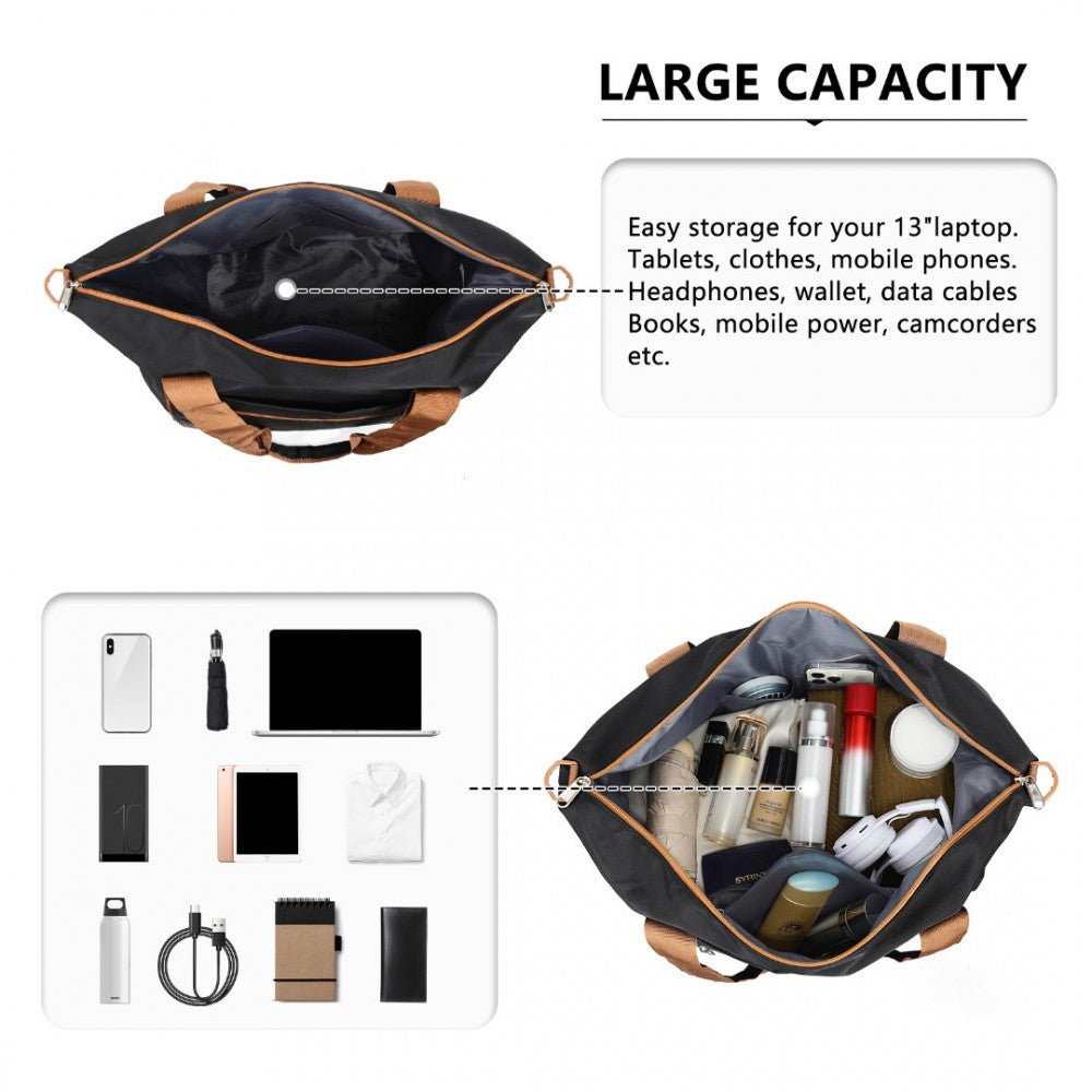 TVK2420 - KONO LIGHTWEIGHT WATERPROOF WEEKENDER TOTE BAG FOLDABLE CABIN FLIGHT DUFFEL IDEAL FOR UNDERSEAT CARRY-ON TRAVEL - BLACK AND BROWN - The Baggage Shop