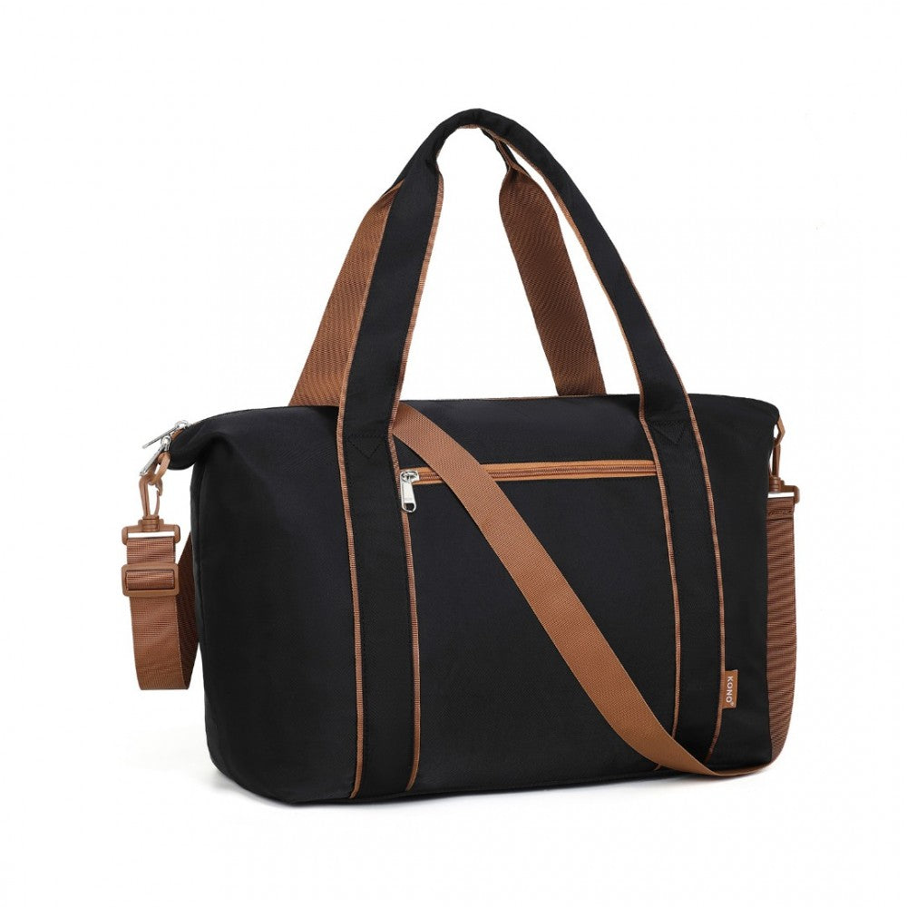 TVK2420 - KONO LIGHTWEIGHT WATERPROOF WEEKENDER TOTE BAG FOLDABLE CABIN FLIGHT DUFFEL IDEAL FOR UNDERSEAT CARRY-ON TRAVEL - BLACK AND BROWN - The Baggage Shop