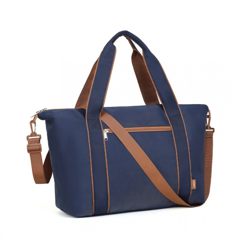 TVK2420 - KONO LIGHTWEIGHT WATERPROOF WEEKENDER TOTE BAG FOLDABLE CABIN FLIGHT DUFFEL IDEAL FOR UNDERSEAT CARRY-ON TRAVEL - NAVY AND BROWN - The Baggage Shop