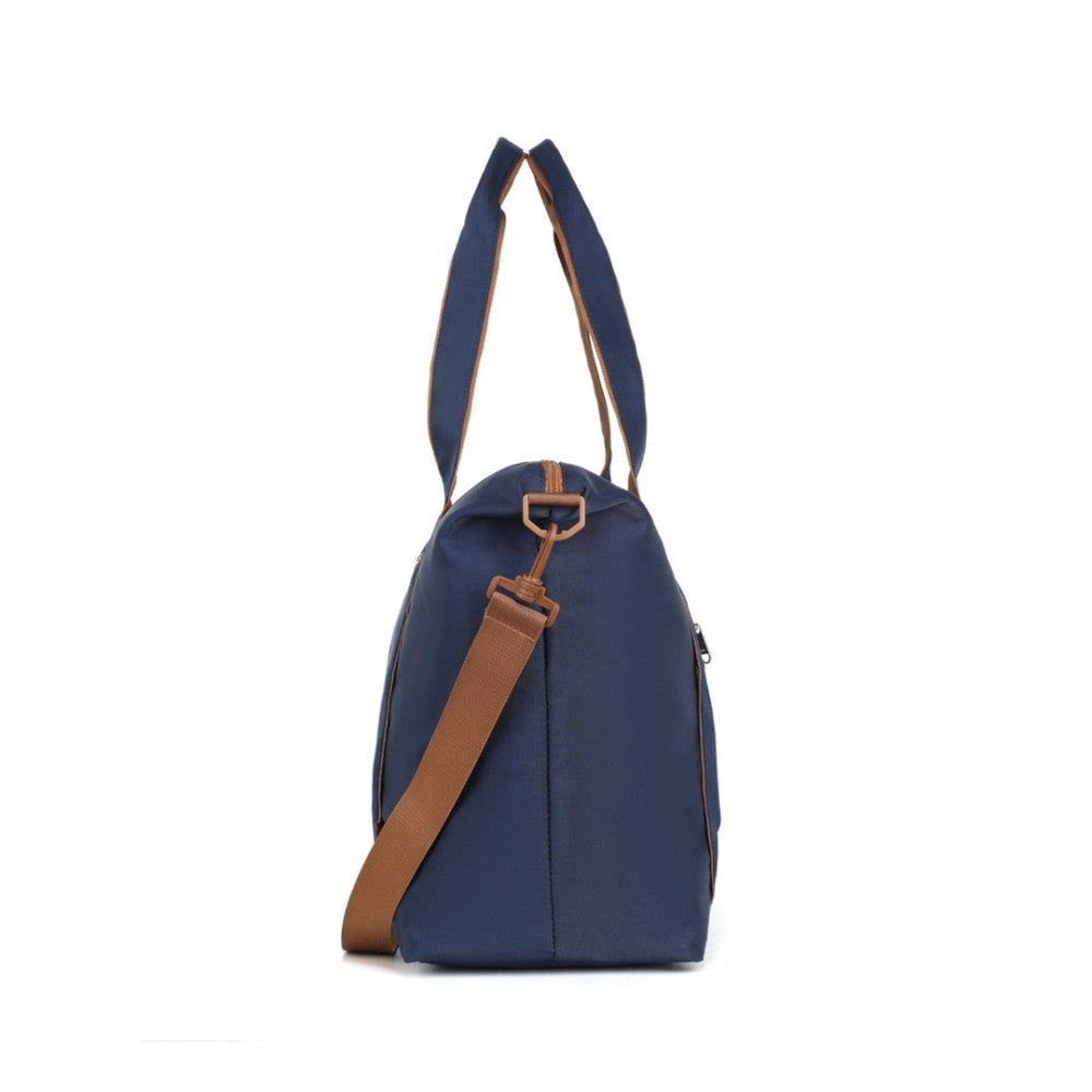 TVK2420 - KONO LIGHTWEIGHT WATERPROOF WEEKENDER TOTE BAG FOLDABLE CABIN FLIGHT DUFFEL IDEAL FOR UNDERSEAT CARRY-ON TRAVEL - NAVY AND BROWN - The Baggage Shop