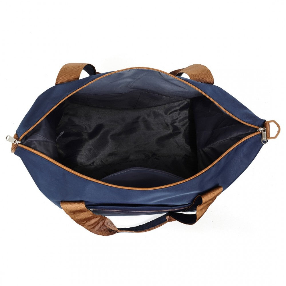 TVK2420 - KONO LIGHTWEIGHT WATERPROOF WEEKENDER TOTE BAG FOLDABLE CABIN FLIGHT DUFFEL IDEAL FOR UNDERSEAT CARRY-ON TRAVEL - NAVY AND BROWN - The Baggage Shop