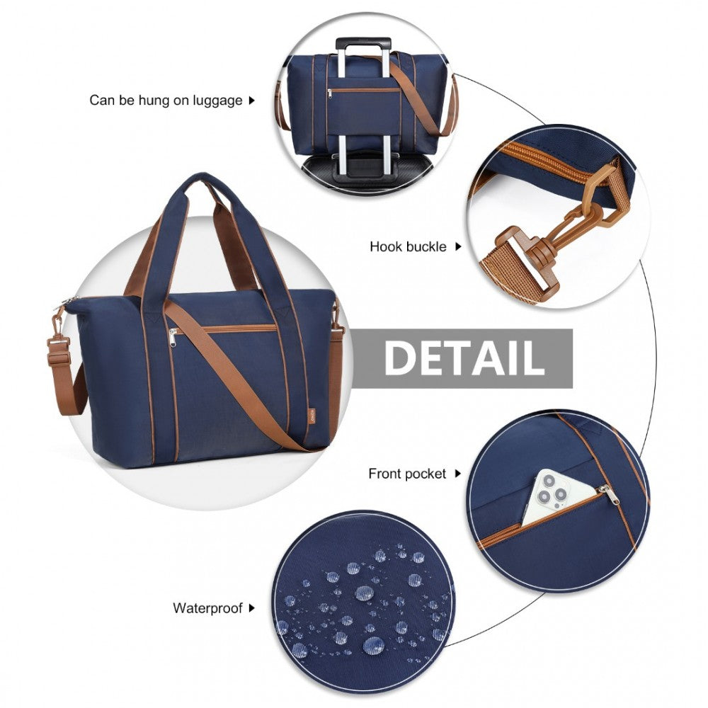 TVK2420 - KONO LIGHTWEIGHT WATERPROOF WEEKENDER TOTE BAG FOLDABLE CABIN FLIGHT DUFFEL IDEAL FOR UNDERSEAT CARRY-ON TRAVEL - NAVY AND BROWN - The Baggage Shop