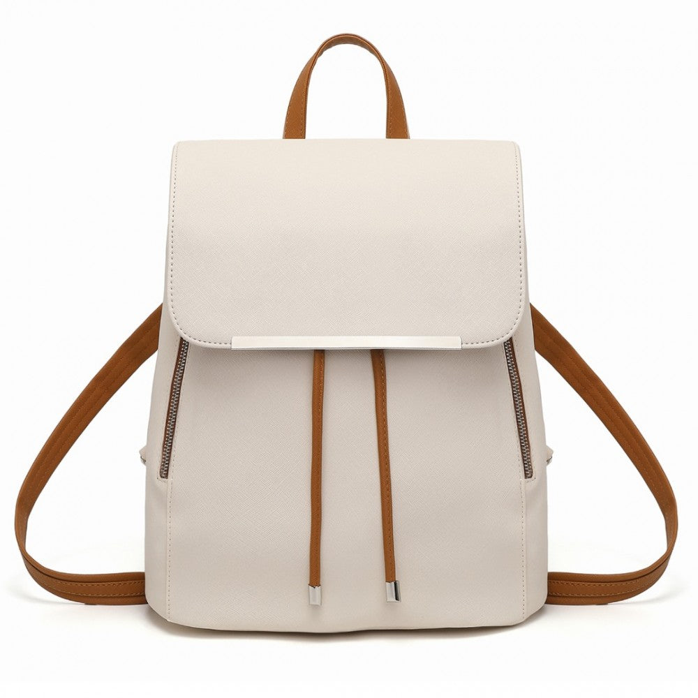 BPM2427 - MISS LULU STYLISH FAUX LEATHER BACKPACK SECURE DAYPACK WITH MAGNETIC SNAP CLOSURE FASHIONABLE PU LEATHER TRAVEL BAG - BEIGE AND BROWN - The Baggage Shop