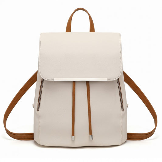 BPM2427 - MISS LULU STYLISH FAUX LEATHER BACKPACK SECURE DAYPACK WITH MAGNETIC SNAP CLOSURE FASHIONABLE PU LEATHER TRAVEL BAG - BEIGE AND BROWN - The Baggage Shop