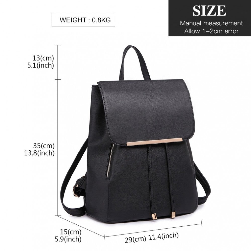BPM2427 - MISS LULU STYLISH FAUX LEATHER BACKPACK SECURE DAYPACK WITH MAGNETIC SNAP CLOSURE FASHIONABLE PU LEATHER TRAVEL BAG - BLACK - The Baggage Shop