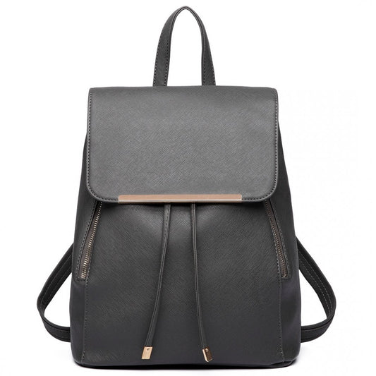 BPM2427 - MISS LULU STYLISH FAUX LEATHER BACKPACK SECURE DAYPACK WITH MAGNETIC SNAP CLOSURE FASHIONABLE PU LEATHER TRAVEL BAG - BLACK - The Baggage Shop