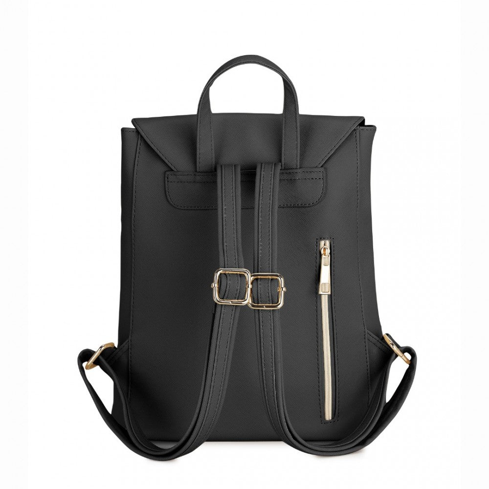 BPM2427 - MISS LULU STYLISH FAUX LEATHER BACKPACK SECURE DAYPACK WITH MAGNETIC SNAP CLOSURE FASHIONABLE PU LEATHER TRAVEL BAG - BLACK - The Baggage Shop