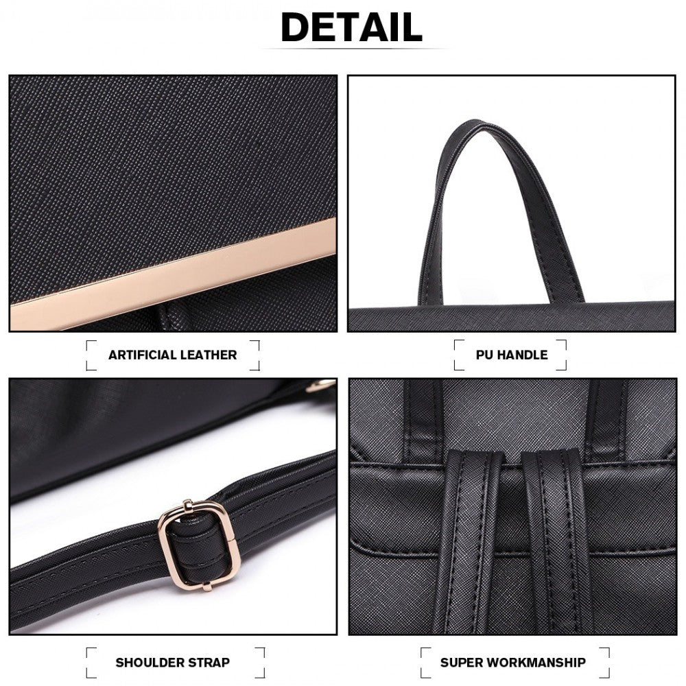 BPM2427 - MISS LULU STYLISH FAUX LEATHER BACKPACK SECURE DAYPACK WITH MAGNETIC SNAP CLOSURE FASHIONABLE PU LEATHER TRAVEL BAG - BLACK - The Baggage Shop