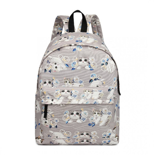 E1401-17CT - MISS LULU LARGE BACKPACK CAT POLKA DOT - GREY - The Baggage Shop