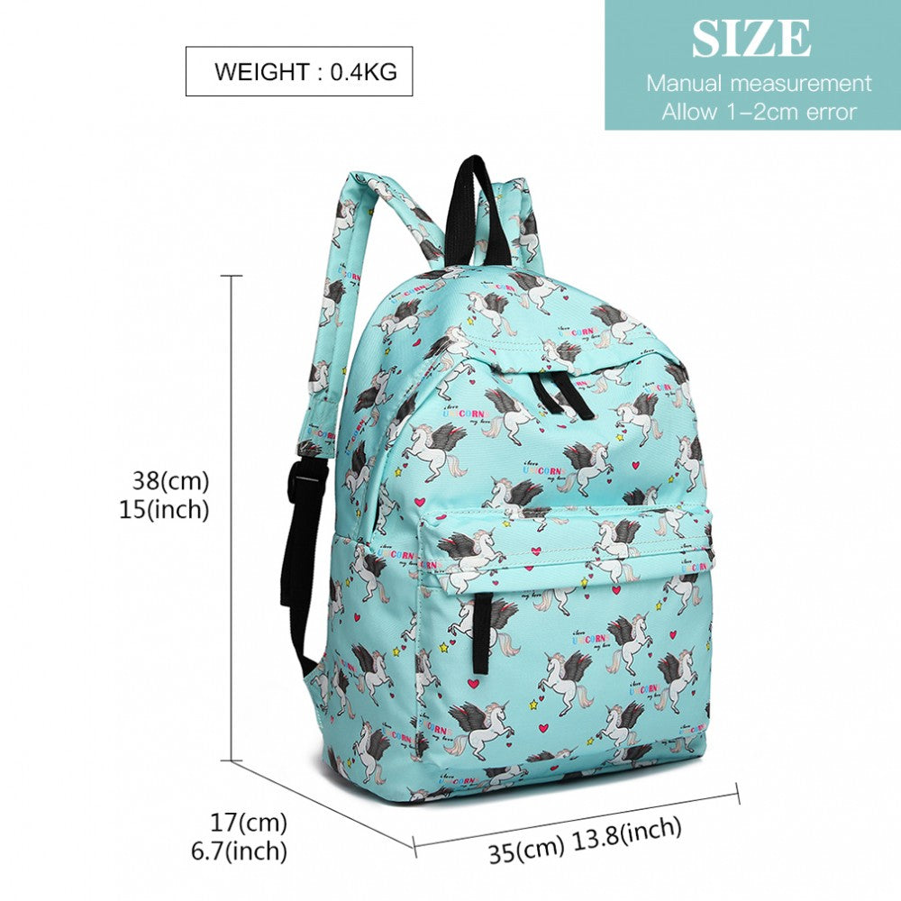 E1401 UN - MISS LULU LARGE BACKPACK UNICORN PRINT - BLUE - The Baggage Shop
