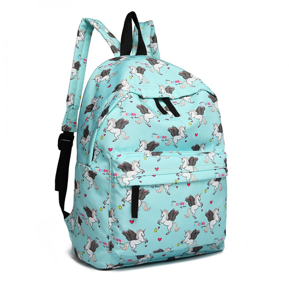 E1401 UN - MISS LULU LARGE BACKPACK UNICORN PRINT - BLUE - The Baggage Shop