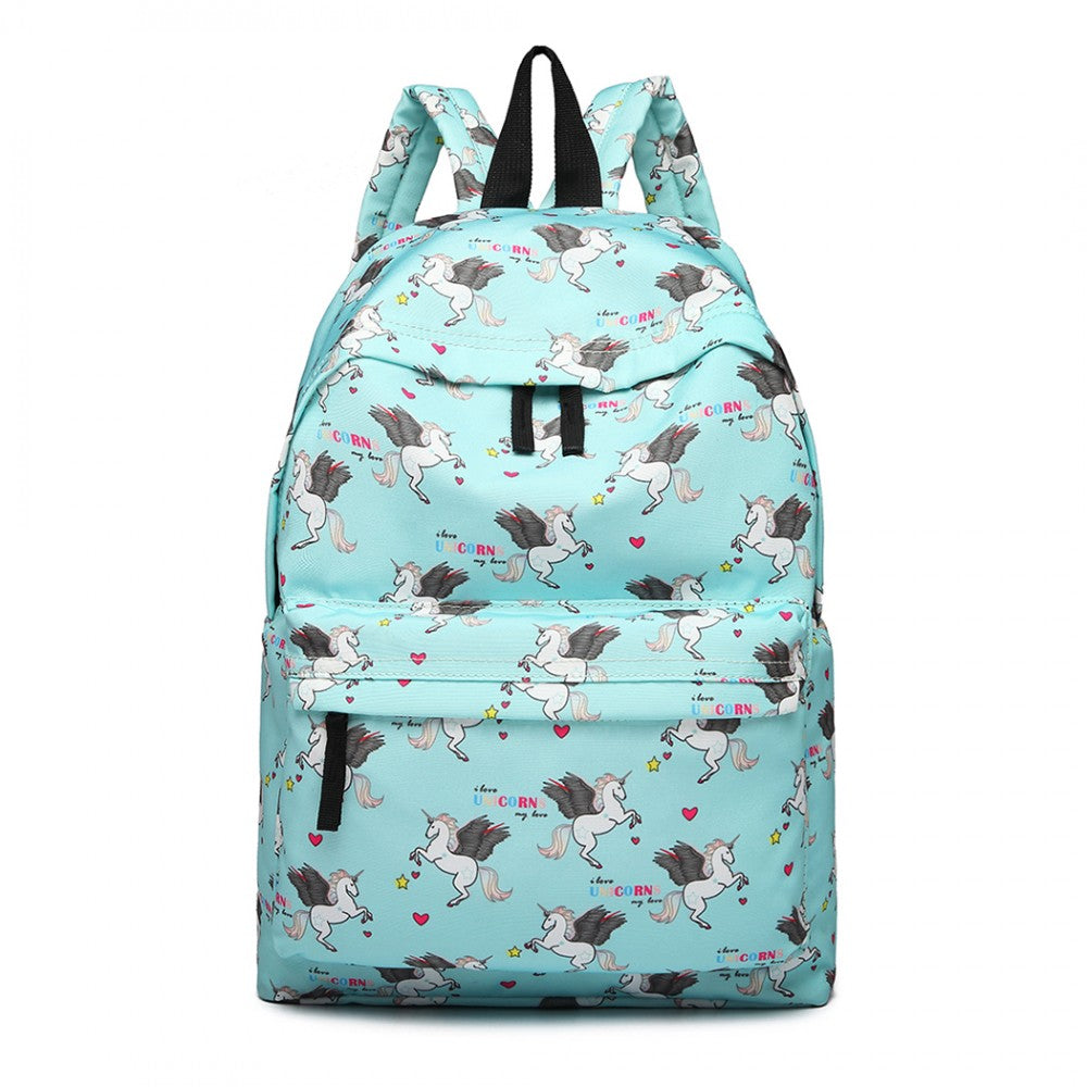 E1401 UN - MISS LULU LARGE BACKPACK UNICORN PRINT - BLUE - The Baggage Shop