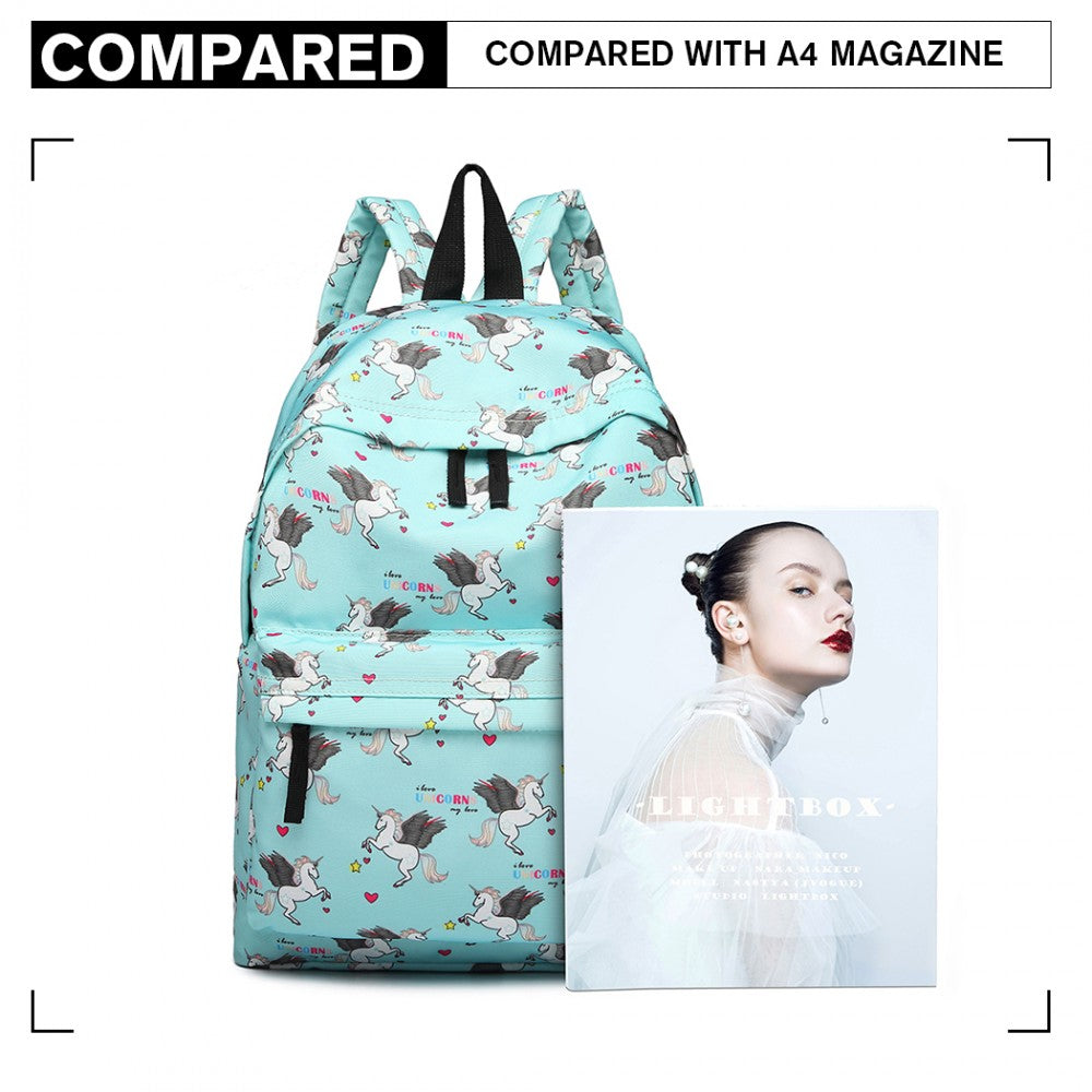 E1401 UN - MISS LULU LARGE BACKPACK UNICORN PRINT - BLUE - The Baggage Shop