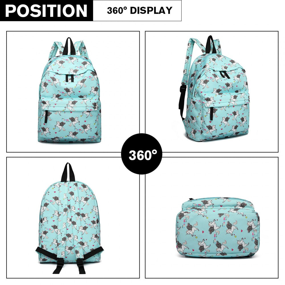 E1401 UN - MISS LULU LARGE BACKPACK UNICORN PRINT - BLUE - The Baggage Shop