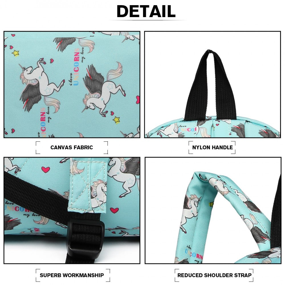 E1401 UN - MISS LULU LARGE BACKPACK UNICORN PRINT - BLUE - The Baggage Shop