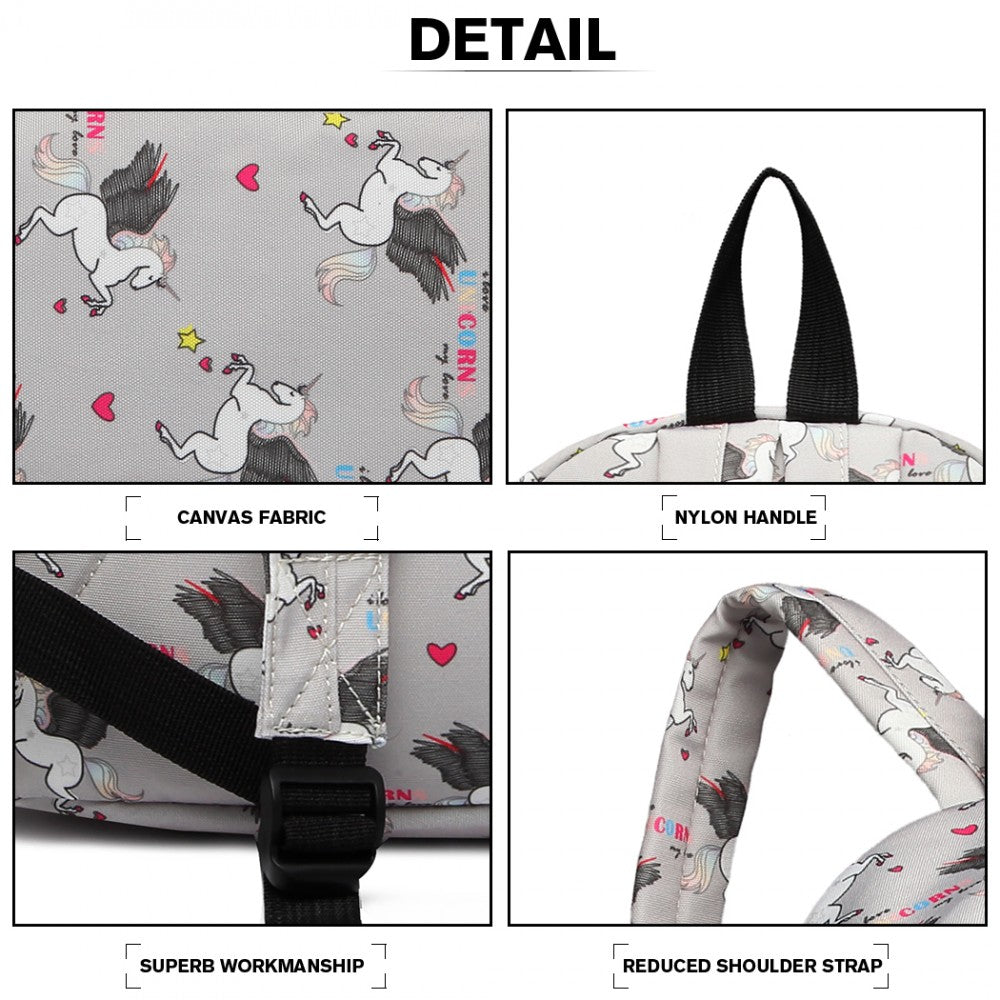 E1401 UN - MISS LULU LARGE BACKPACK UNICORN PRINT - GREY - The Baggage Shop