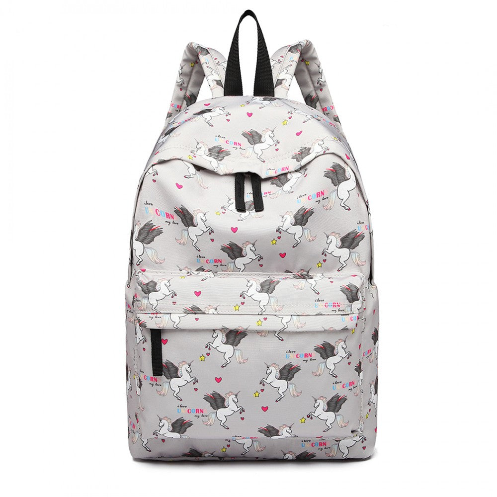 E1401 UN - MISS LULU LARGE BACKPACK UNICORN PRINT - GREY - The Baggage Shop