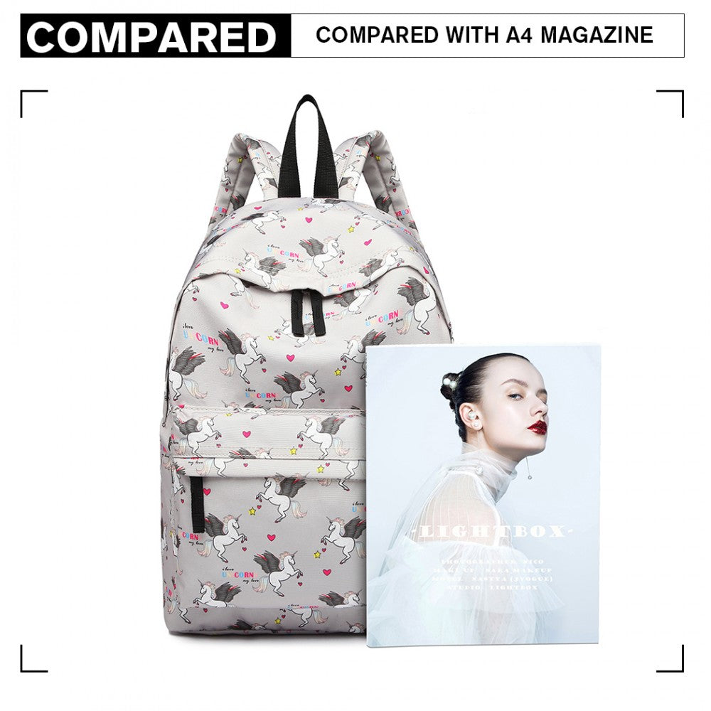 E1401 UN - MISS LULU LARGE BACKPACK UNICORN PRINT - GREY - The Baggage Shop