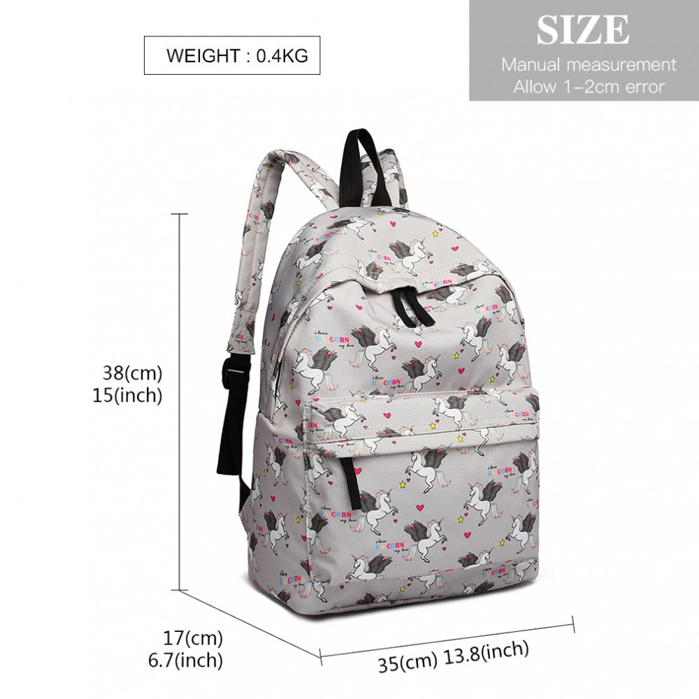 E1401 UN - MISS LULU LARGE BACKPACK UNICORN PRINT - GREY - The Baggage Shop