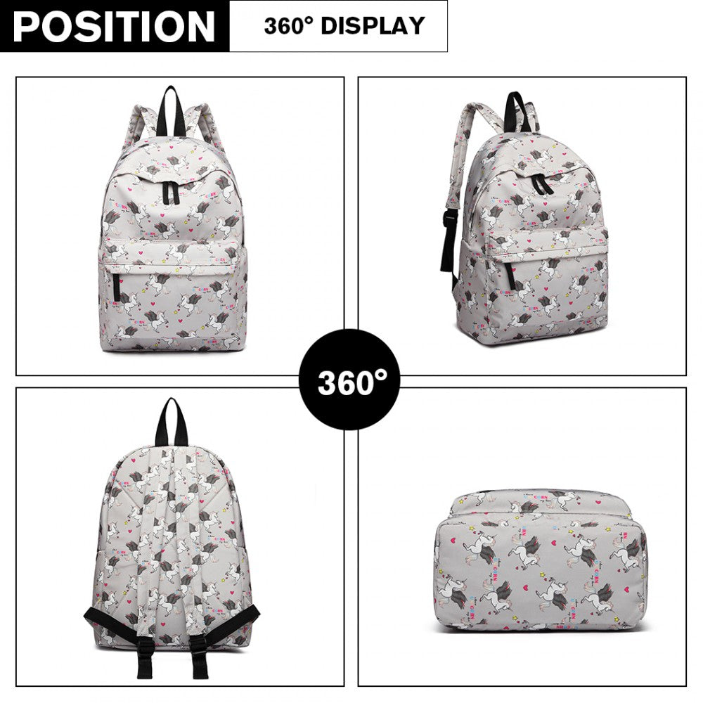 E1401 UN - MISS LULU LARGE BACKPACK UNICORN PRINT - GREY - The Baggage Shop