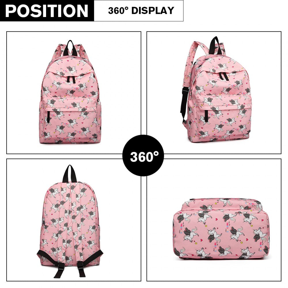 E1401 UN - MISS LULU LARGE BACKPACK UNICORN PRINT - PINK - The Baggage Shop