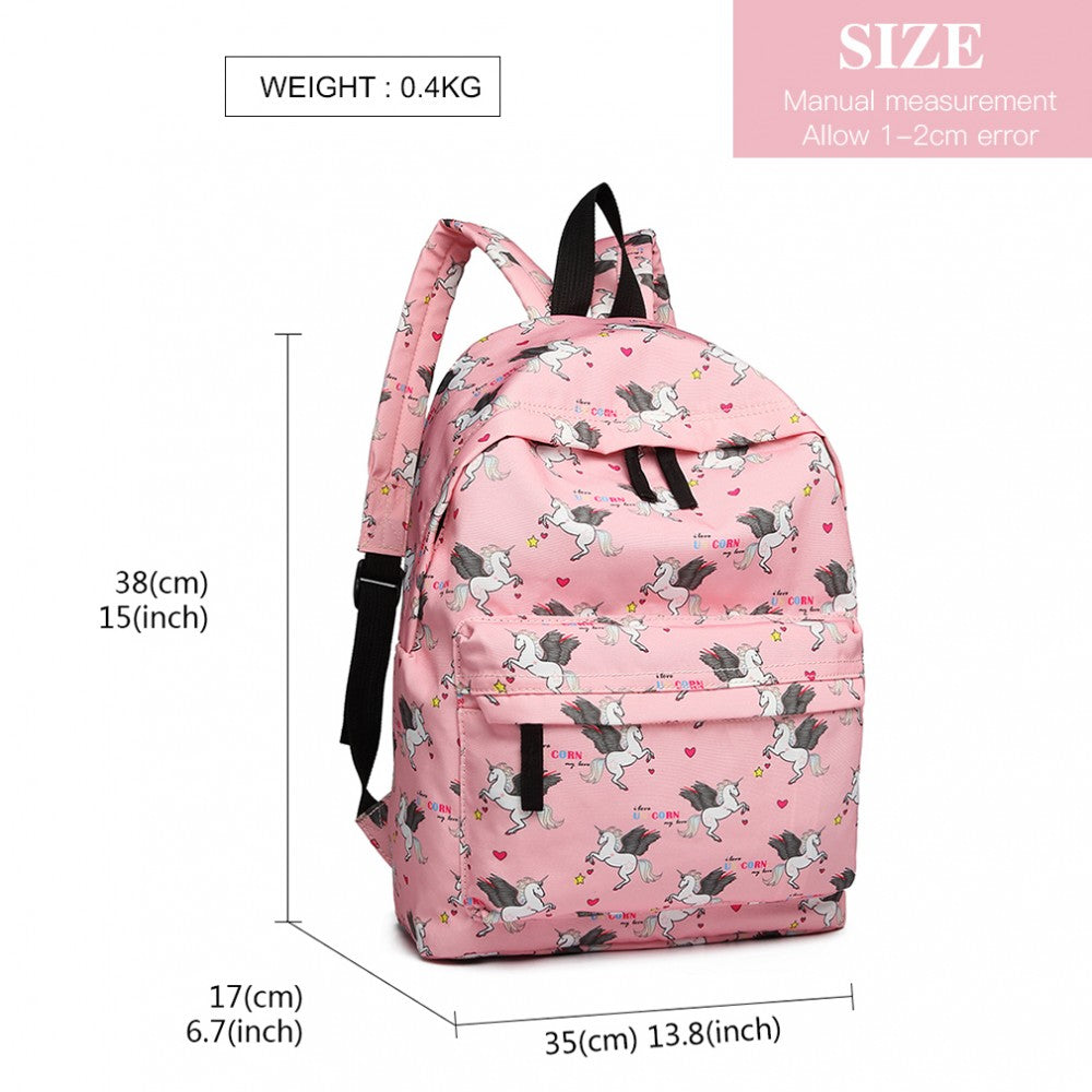 E1401 UN - MISS LULU LARGE BACKPACK UNICORN PRINT - PINK - The Baggage Shop
