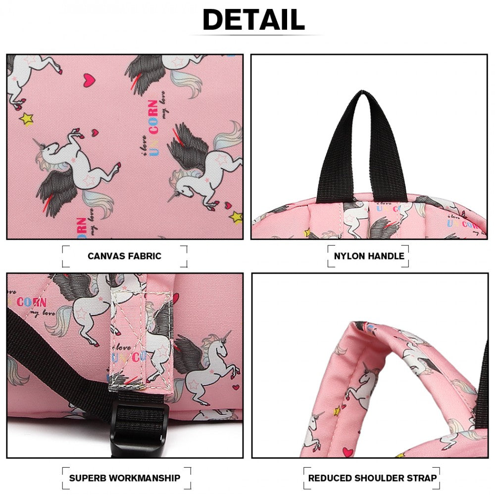 E1401 UN - MISS LULU LARGE BACKPACK UNICORN PRINT - PINK - The Baggage Shop