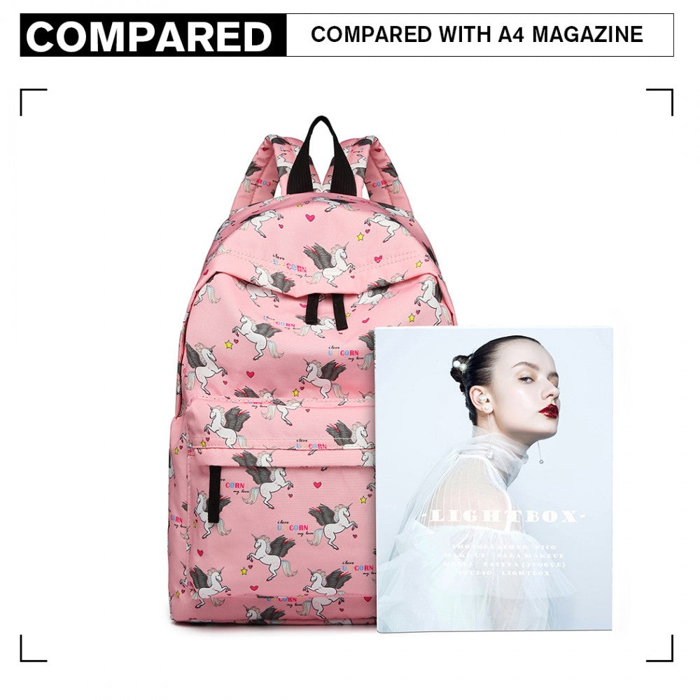 E1401 UN - MISS LULU LARGE BACKPACK UNICORN PRINT - PINK - The Baggage Shop