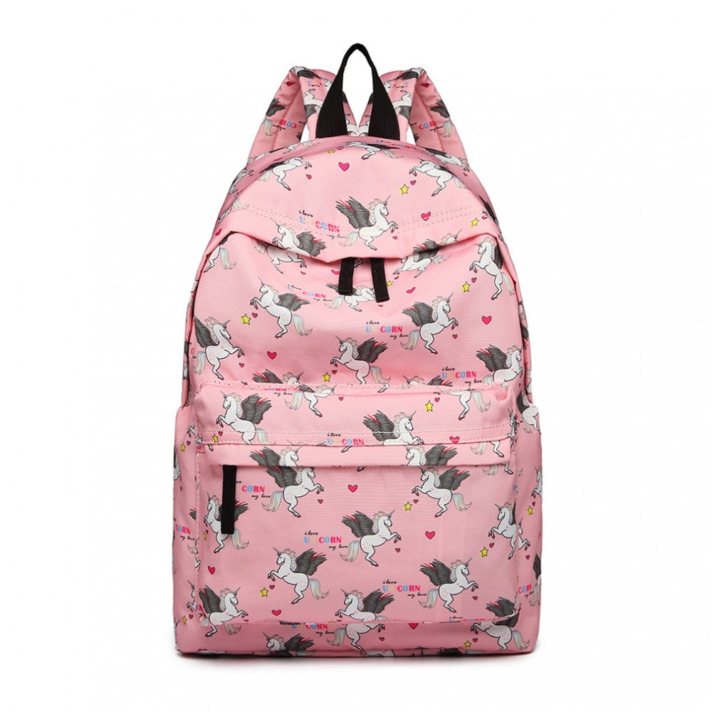 E1401 UN - MISS LULU LARGE BACKPACK UNICORN PRINT - PINK - The Baggage Shop