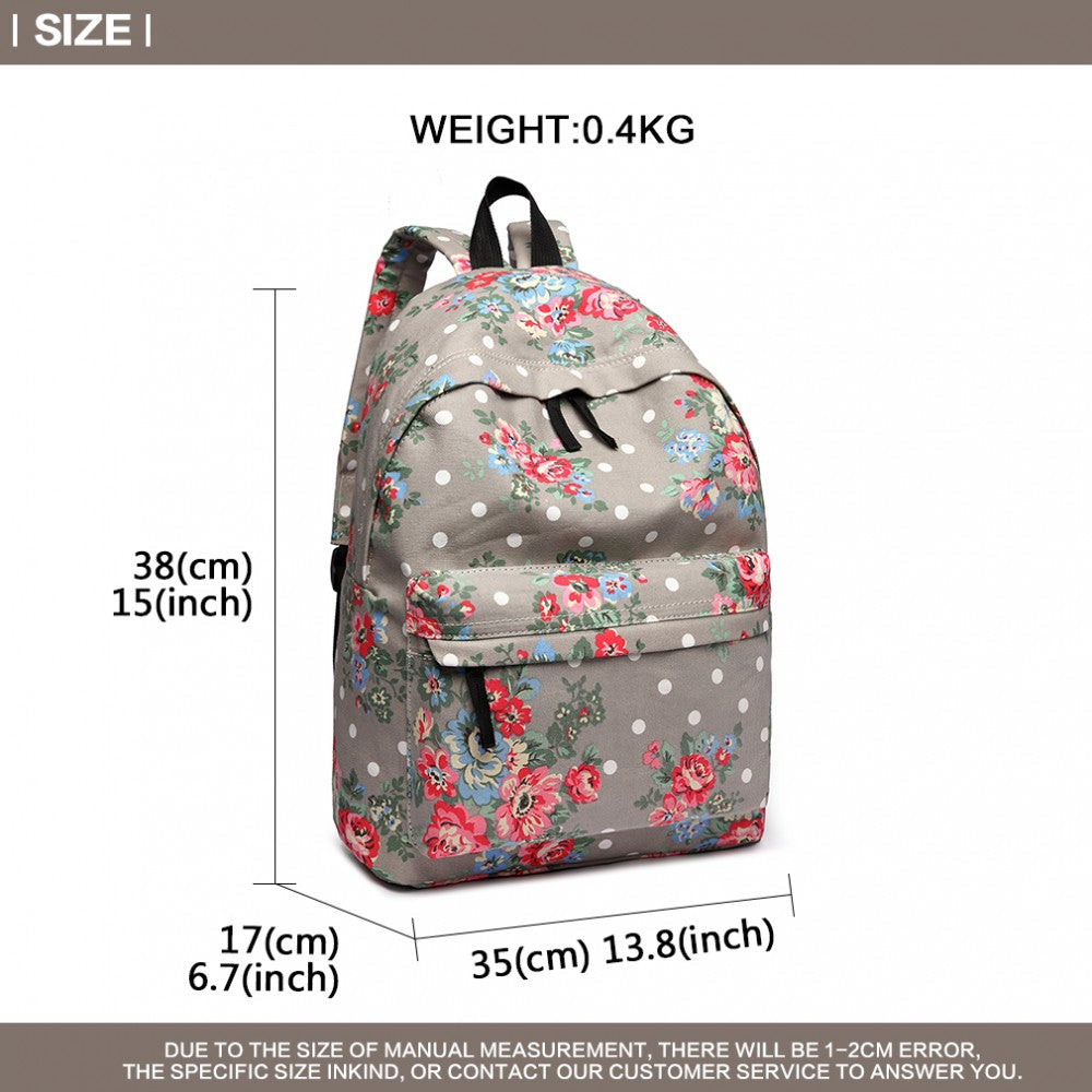 E1401F - MISS LULU LARGE BACKPACK FLOWER POLKA DOT - GREY - The Baggage Shop