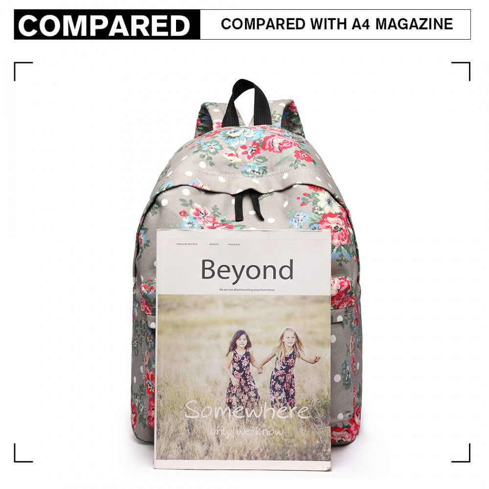 E1401F - MISS LULU LARGE BACKPACK FLOWER POLKA DOT - GREY - The Baggage Shop