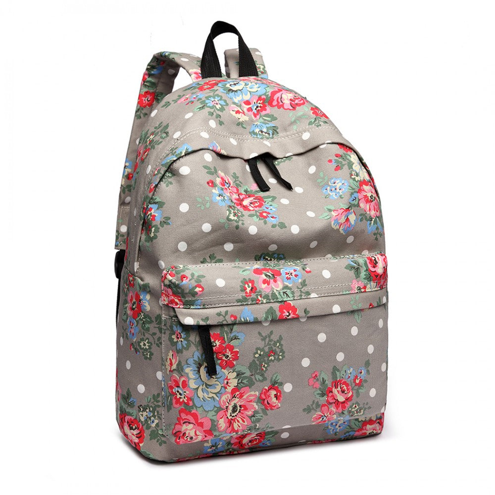 E1401F - MISS LULU LARGE BACKPACK FLOWER POLKA DOT - GREY - The Baggage Shop