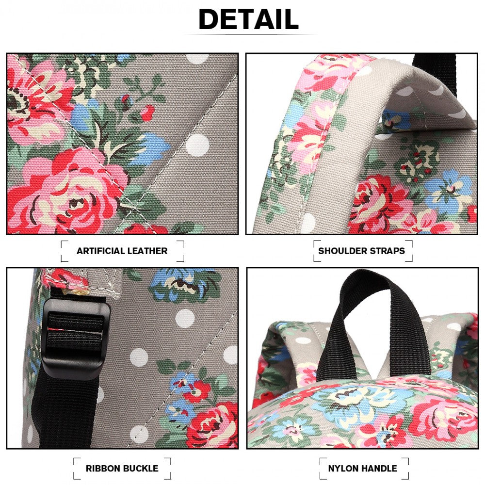 E1401F - MISS LULU LARGE BACKPACK FLOWER POLKA DOT - GREY - The Baggage Shop