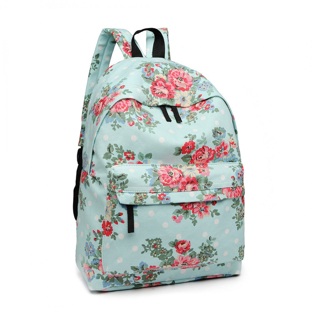 E1401F - MISS LULU LARGE BACKPACK FLOWER POLKA DOT - LIGHT BLUE - The Baggage Shop