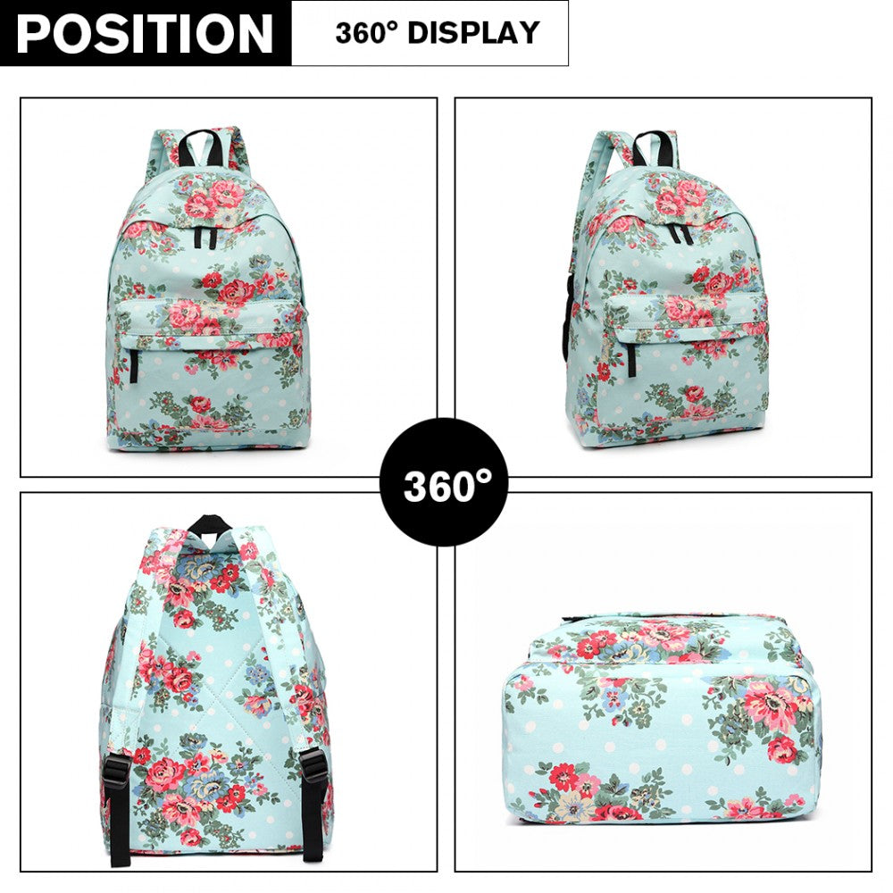 E1401F - MISS LULU LARGE BACKPACK FLOWER POLKA DOT - LIGHT BLUE - The Baggage Shop