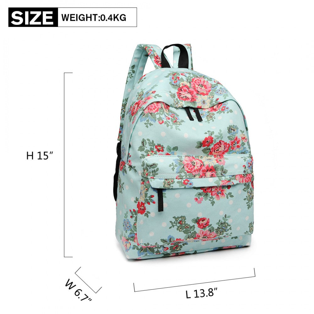 E1401F - MISS LULU LARGE BACKPACK FLOWER POLKA DOT - LIGHT BLUE - The Baggage Shop