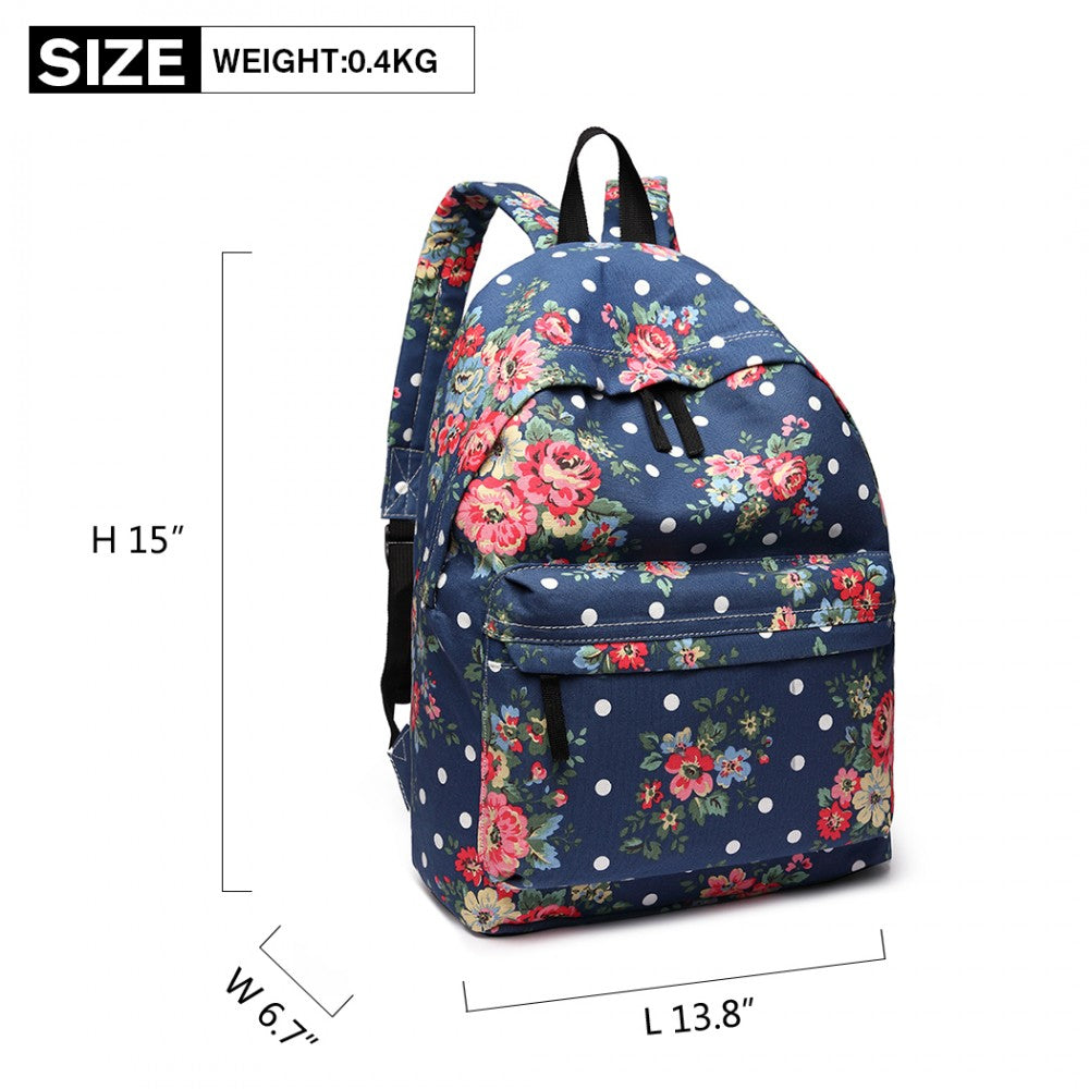 E1401F - MISS LULU LARGE BACKPACK FLOWER POLKA DOT - NAVY - The Baggage Shop