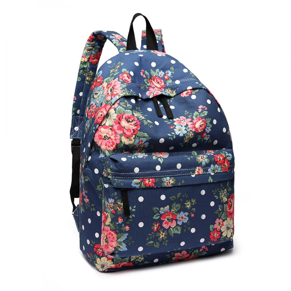 E1401F - MISS LULU LARGE BACKPACK FLOWER POLKA DOT - NAVY - The Baggage Shop