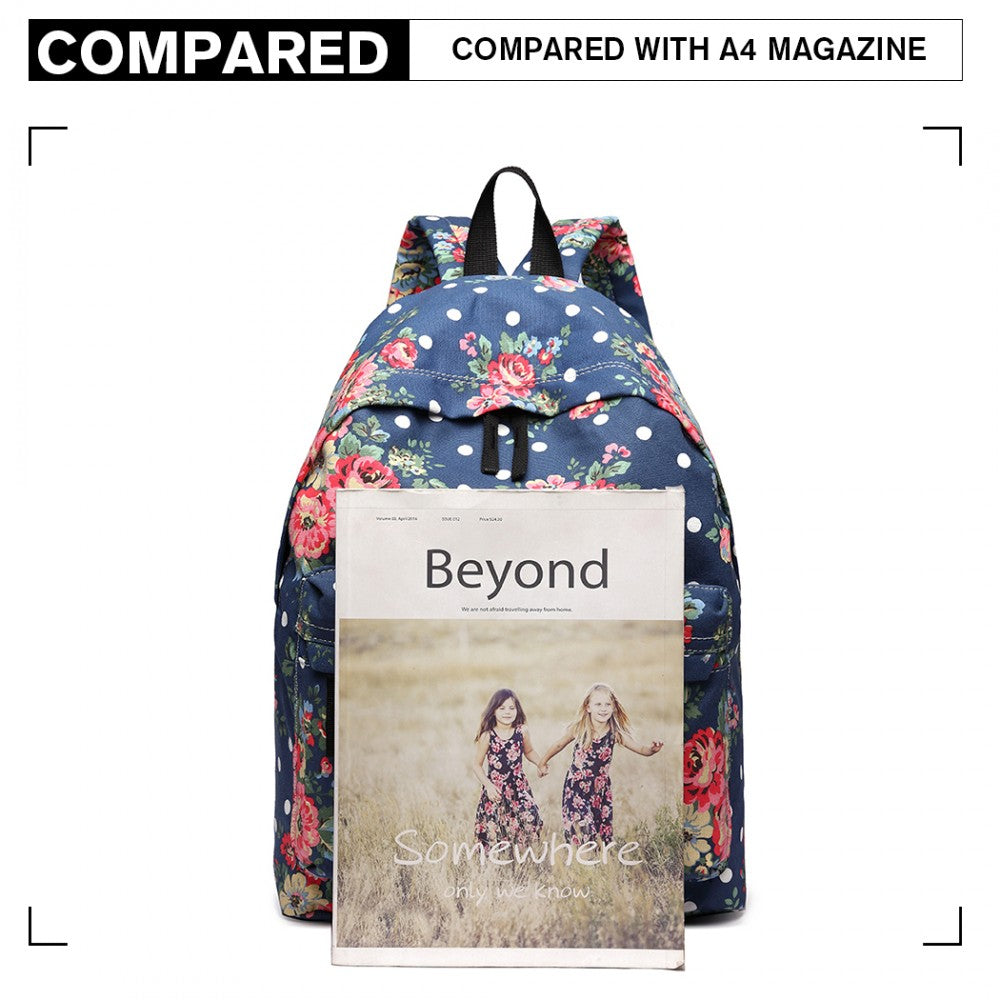 E1401F - MISS LULU LARGE BACKPACK FLOWER POLKA DOT - NAVY - The Baggage Shop
