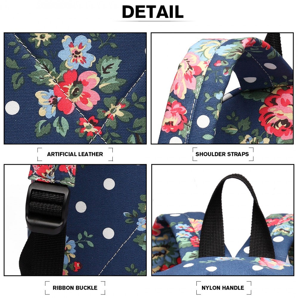 E1401F - MISS LULU LARGE BACKPACK FLOWER POLKA DOT - NAVY - The Baggage Shop