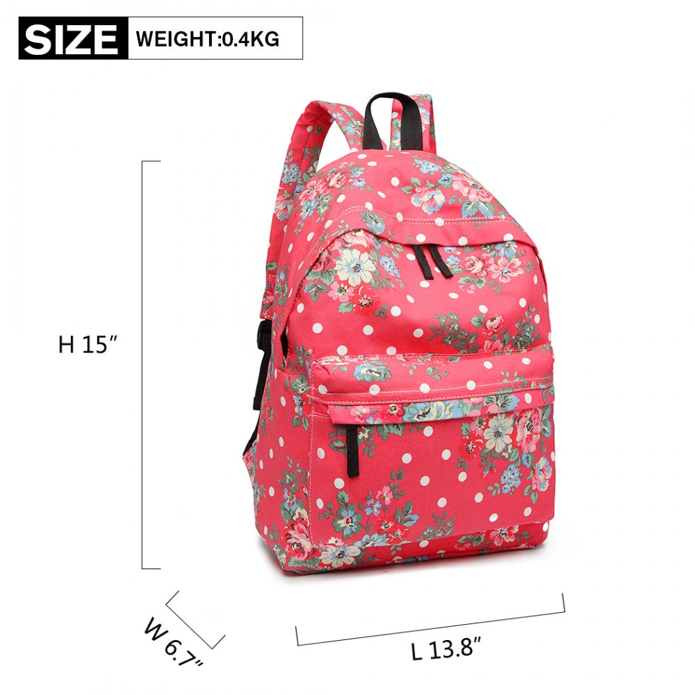 E1401F - MISS LULU LARGE BACKPACK FLOWER POLKA DOT - PLUM - The Baggage Shop