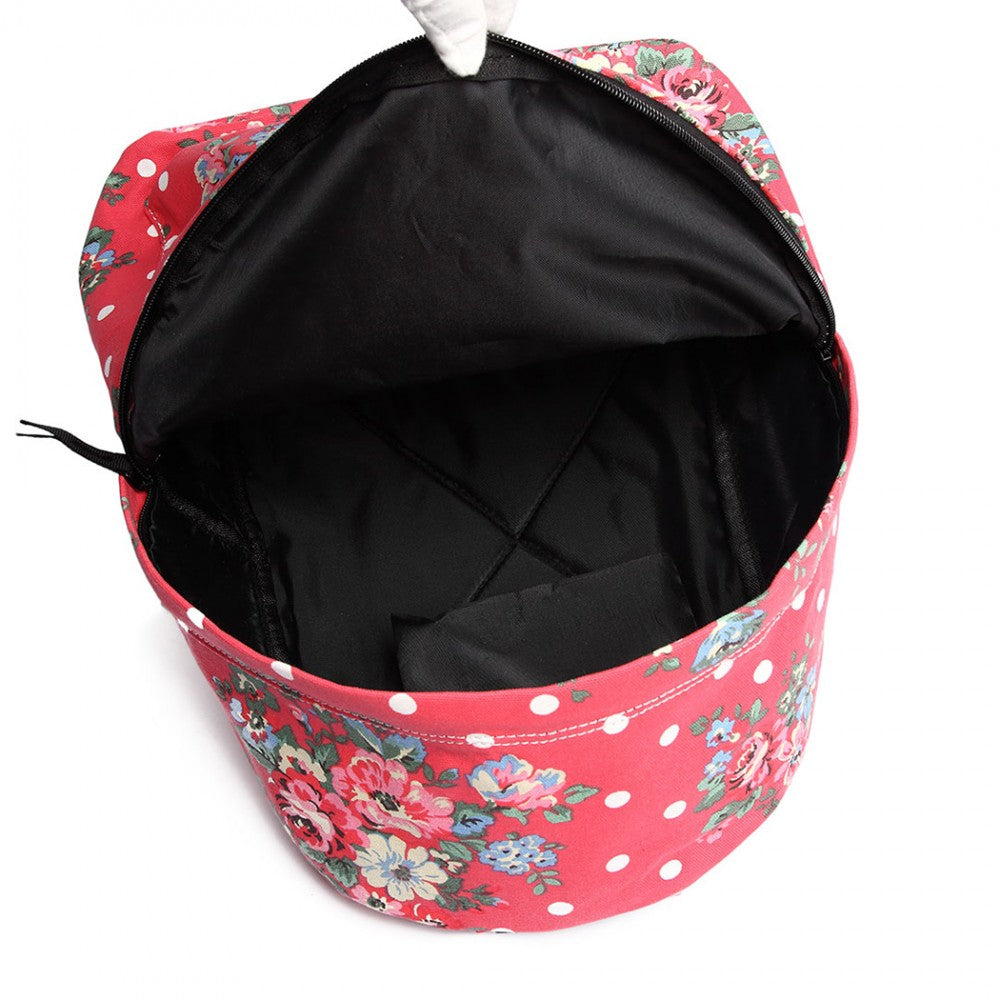 E1401F - MISS LULU LARGE BACKPACK FLOWER POLKA DOT - PLUM - The Baggage Shop