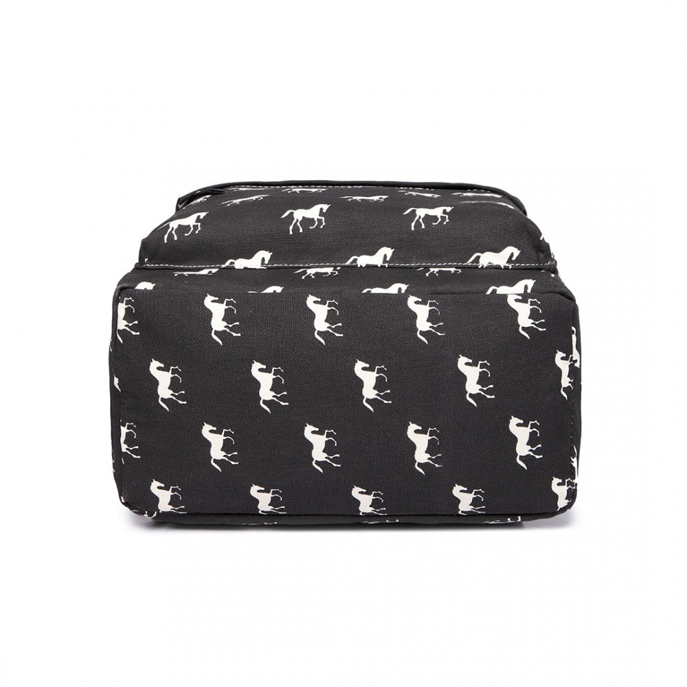 E1401H - MISS LULU HORSE-PRINT COTTON CANVAS SCHOOL BACKPACK - BLACK - The Baggage Shop